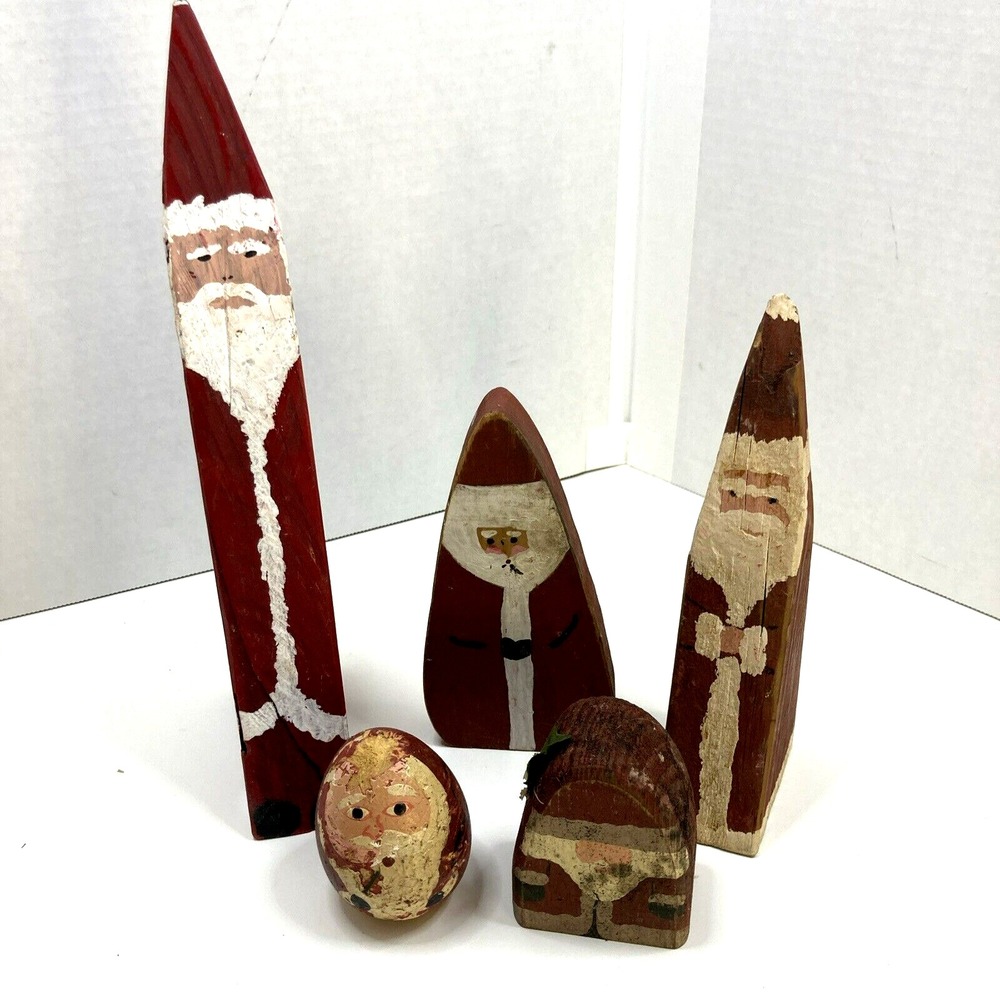 Lot of 5 Vtg Santa‎ Claus Rustic Primitive Hobbyist Wood Hand Painted Figurines